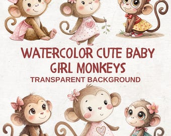 12 Baby Girl Monkey Watercolor Clipart Bundle: Nursery Art (PNG Files, Digital Download