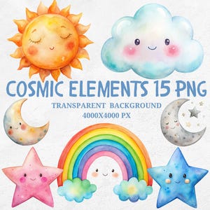 Rainbow Clipart Sun Stars clouds PNG Moon Sky elements, Baby Shower png Rainbow Nursery Decor, Cute Pastel illustration, Baby Room Decor