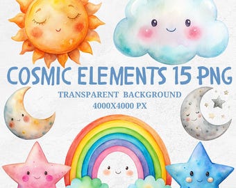 Pastel Watercolor Celestial Clipart, Rainbow, Sun, Moon (PNG)