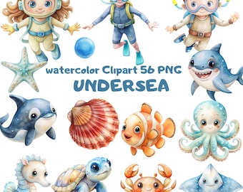 Watercolor Undersea Clipart: Ocean Animals, Nursery Decor (Digital Download)