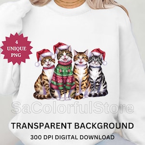 4 chats de Noël Png, chats mignons de Noël miaous avec conception de sublimation de chapeau de père Noël Png, png de bonne année, téléchargement de chemise d'amoureux des chats
