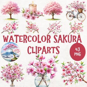 34 Japanese Sakura png and 9 Seamless Watercolor Cherry Blossoms Clipart, Sakura Pink Floral, Sakura Clipart, Spring Floral Pink Bouquets
