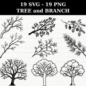 May include: A set of 19 black and white SVG and PNG digital files featuring various tree and branch illustrations. The illustrations include a variety of tree shapes, from simple branches to full trees with leaves.