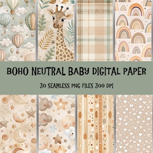 30 Printable Boho Neutral baby Digital Paper, Boho Baby Nursery Ephemera, New Baby Shower Pages, Download Junk Journal, Scrapbooking