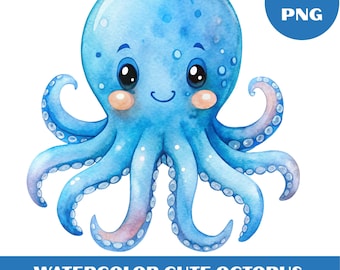 Watercolor Octopus Clipart Bundle, Sea Animal PNG, Nursery Art (Digital Download)