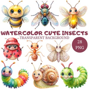 28 Cute Insects PNG Clipart, Cute Bugs png, Insects Digital Art Printable Insects, Ant, Fly, Spider, Bee, Watercolor Insect Illustrations