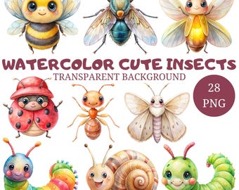 Watercolor Insects Clipart, Nursery Art (28 PNG) (Digital Download)