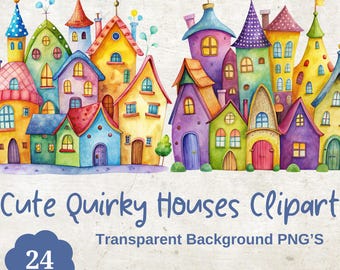 May include: A set of 24 watercolor illustrations of whimsical, colorful houses with unique architectural details. The houses are arranged in a row and have a variety of shapes, sizes, and colors. The illustrations are perfect for adding a touch of whimsy to any project.