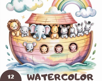 Könnte beinhalten: Aquarellillustration der Arche Noah mit Zeichentricktieren, einem Regenbogen und Wolken. Die Arche ist mit einem Löwen, einem Elefanten, einer Giraffe, Zebras und anderen Tieren gefüllt. Der Text "WATERCOLOR CUTE NOAH ARK" und "12 JPG" ist enthalten.