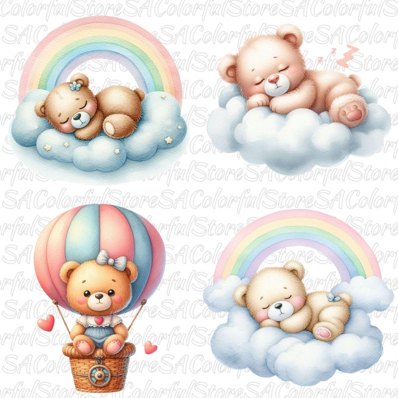 Watercolor Teddy Bear Clipart: Baby Shower Nursery Art (PNG Digital ...