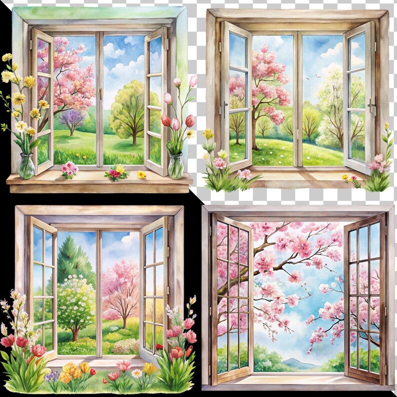 Watercolor Spring Window Clipart: Floral Landscape PNG Graphics ...