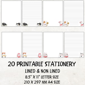 20 papelería imprimible con forma de gato, plantilla de Goodnotes, paquete de papelería imprimible con forma de gatito, lindos papeles de carta, papel para escribir con forma de gato