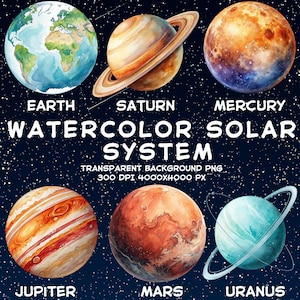 Clipart del Sistema Solar en Acuarela: Paquete de Planetas PNG (Descarga digital, 4000x4000 px)