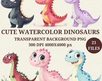 Clipart de dinosaurios en acuarela: Dinosaurios bebés PNG para decoración de guardería (Descarga digital)