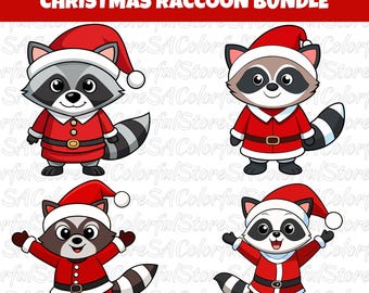 Christmas Santa Raccoons 9 Svg Png Jpg Pdf Bundle, Cute Raccoon Clipart for Holiday Crafts, T-Shirts, Cards, Stickers, Commercial Use