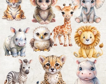 10 Aquarell Safari Tiere Clipart: Dschungel Kinderzimmer Kunst (PNG, Digital Download)