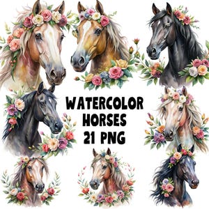 Watercolor Horse Clipart Bundle: Floral Animal PNG Images (Digital Download)