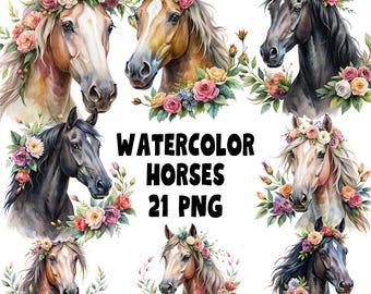 21 Horses Floral Flowers Animal Watercolor Clipart Printable PNG Digital Download Sublimation Art Image Bundle