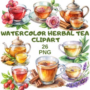 Pacchetto di 20 clipart di tisane ad acquerello, PNG di alta qualità con sfondo trasparente, illustrazioni di teiere e tazze da tè, download digitale