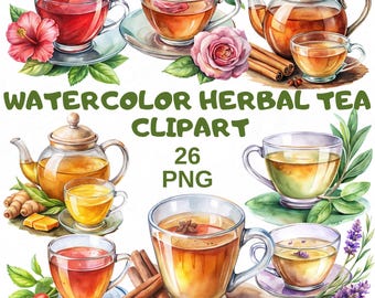 Watercolor Herbal Tea Clipart Bundle: Teapots, Cups, Floral Herbs (Digital Download)