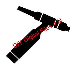 May include: Black silhouette of a welding torch, a tool used for joining metal parts by melting them together.