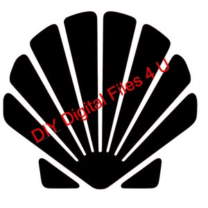 May include: A black seashell design on a white background. The seashell is a stylized graphic with radiating lines. The text "DIY Digital Files 4 U" is in red across the image.