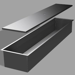 Könnte beinhalten: Ein rechteckiger Behälter aus Edelstahl mit passendem Deckel. Der Deckel ist leicht geöffnet und gibt den Blick auf das Innere des Behälters frei. Das Design ist modern und minimalistisch, mit klaren Linien und polierter Oberfläche.