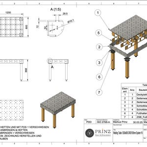 Puede incluir: Un dibujo técnico detallado de una mesa de soldadura con una superficie de 1200 mm x 600 mm, que muestra el proceso de montaje y la lista de piezas. La mesa está hecha de acero y tiene una superficie gris con un patrón de cuadrícula. El dibujo incluye dimensiones y etiquetas para cada pieza.
