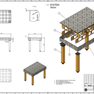 Puede incluir: Un dibujo técnico de una mesa de trabajo con un sistema de rejilla de 16 mm. La mesa está hecha de metal y tiene cuatro patas. El dibujo muestra la mesa en diferentes vistas, incluyendo una vista superior, una vista lateral y una vista en perspectiva. El dibujo también incluye una lista de piezas y una lista de materiales.