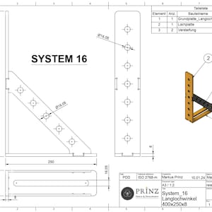 Puede incluir: Dibujo técnico de un soporte metálico con el título "SYSTEM 16 Langlochwinkel 400x250x8". El dibujo muestra las dimensiones del soporte y la ubicación de los agujeros para la fijación.