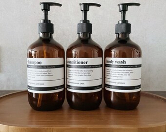 Amber Plastic Bottle | 3 Refillable 500ml Dispenser Bottles | Re-usable Shampoo, Conditioner bottles | Bathroom and Kitchen Accessories