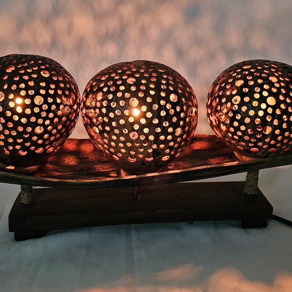 Coconut decora lamp , natural wood with 3 bulbs , handmade