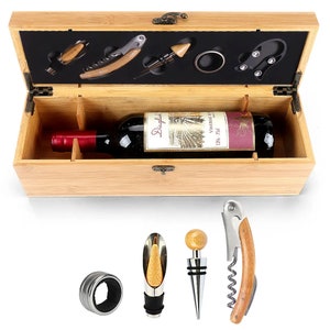 Natural wood Wine Box with 4 Wine Accessories Set