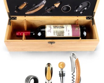 Boîte à vin en bois naturel avec 4 accessoires pour le vin