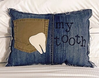 Tooth fairy pillow gift for kids children's room decor toddler room up cycled denim first tooth gift for toddler birthday gift baby shower