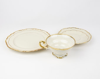Service à thé - 3 pièces - Bavaria Mitterteich/Schwarzenhammer - Service en porcelaine blanc ivoire avec rebord doré - Vintage allemand