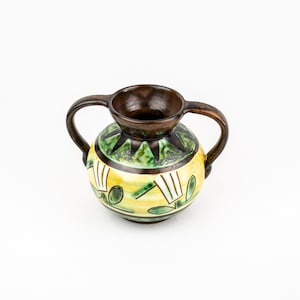 A delicate, Vintage Brown Vase with handles and hand painted green and yellow decor by Upsala Ekeby - Sweden
