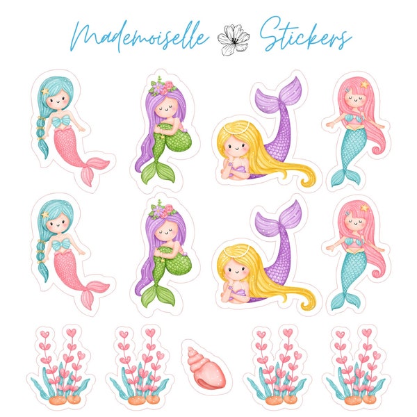 22 Stickers autocollants sirène multicolore créature marine océan coquillage rose pour papier plastique verre carton lisse ou scrapbooking