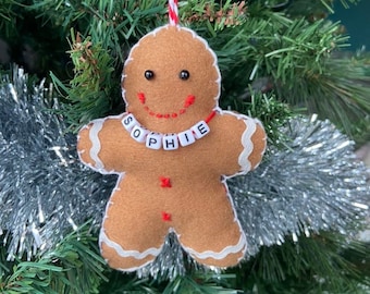 Gingerbread Man Hanging Felt Ornament for House Decor | Personalised Handmade Christmas Embroidered Felties