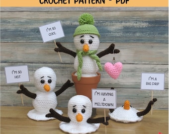 Crochet Snowman and Friends Pattern, Melting snowmen, Cute Amigurumi Ornament, Experienced Beginner, PDF Pattern ONLY