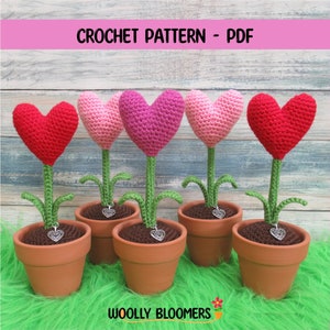 Puede incluir: Cinco macetas de flores de ganchillo en forma de corazón en rojo, rosa y rosa claro. Las macetas están sobre una superficie verde. El texto "WOOLY BLOOMERS" es visible en la parte inferior de la imagen.