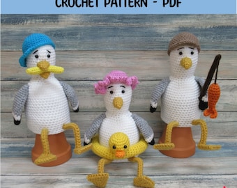Summer Seagulls Crochet Pattern, Duck Rubber Ring with Shower Cap, Fishing Rod, Fish & Chips, Bag, Experienced Beginner, PDF Pattern ONLY