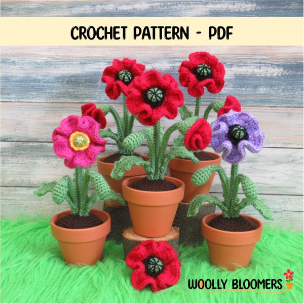 Crochet Pretty Poppy Pattern, Potted Crochet Flower and Brooch, Home decor, Remembrance Day, Experienced Beginner,  PDF PATTERN ONLY
