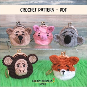 May include: A crochet pattern PDF showing five animal-shaped coin purses. The purses are designed as a bear, pig, koala, monkey, and fox, each with a metal clasp and keyring. The text "CROCHET PATTERN - PDF" is at the top.