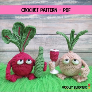 May include: Crochet pattern PDF for making a red beet and a tan onion amigurumi. The beet is holding a green bottle and the onion is holding a glass of red wine. The pattern is called "Woolly Bloomers".