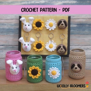 Crochet Brooch, Keyring and Jar Cover BUNDLE, Animals & Flowers, Rabbit, Sloth, Sunflower and Daisy, Experienced Beginner, PDF Pattern ONLY