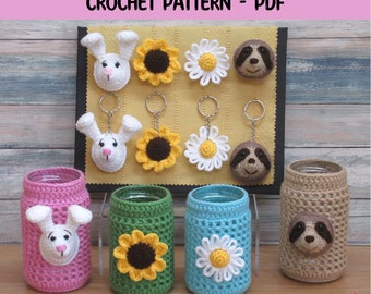 Crochet Brooch, Keyring and Jar Cover BUNDLE, Animals & Flowers, Rabbit, Sloth, Sunflower and Daisy, Experienced Beginner, PDF Pattern ONLY