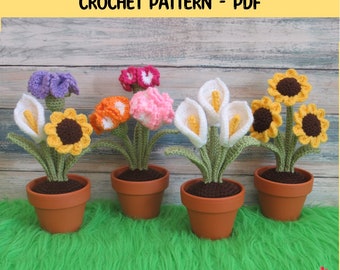 Crochet Summer Flowers, Calla Lily, Carnation and Sunflower, Pretty Floral Bouquet, Home decor, Experienced Beginner,  PDF pattern only