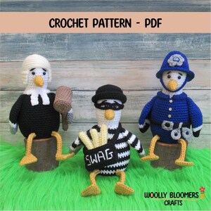 May include: Crochet pattern PDF featuring three whimsical bird figures. One is a judge with a gavel, another a burglar with a "SWAG" bag, and the third a police officer. Each bird is perched on a wooden stump, set against a green, furry background.