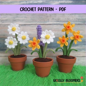 Crochet Spring Flowers, Daffodil Daisy Lavender, Pretty Potted Flowers, Home decor, Experienced Beginner,  PDF pattern only
